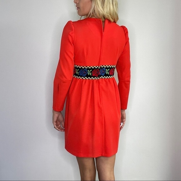 Vintage Red Embroidered Waist Long Sleeve Dress - Picture 4 of 14
